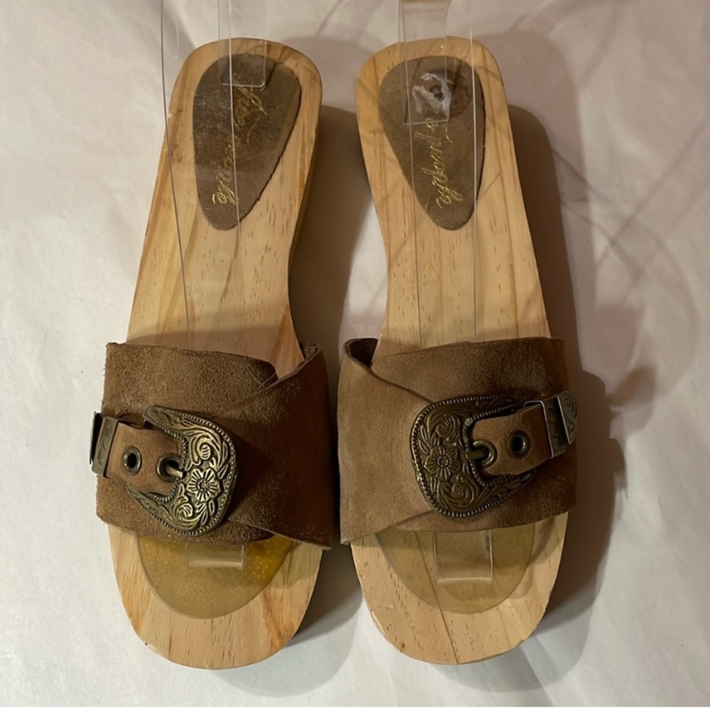 Free People Brown Suede Clog Sandals with Buckle Detail - Picture 4 of 4